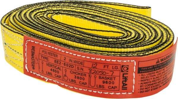 Lift-All - 12' Long x 2" Wide, 4,800 Lb Vertical Capacity, 2 Ply, Nylon Web Sling - 3,800 Lb Choker Capacity, Yellow - Exact Tool & Supply