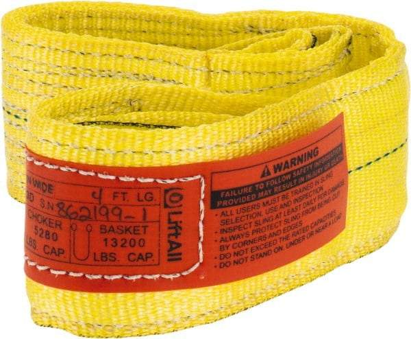 Lift-All - 4' Long x 3" Wide, 6,600 Lb Vertical Capacity, 2 Ply, Nylon Web Sling - 5,200 Lb Choker Capacity, Yellow - Exact Tool & Supply