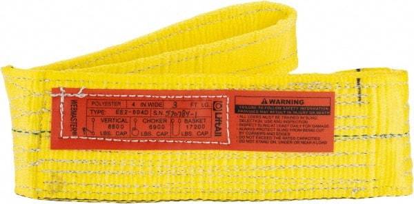 Lift-All - 3' Long x 4" Wide, 8,600 Lb Vertical Capacity, 2 Ply, Nylon Web Sling - 6,900 Lb Choker Capacity, Yellow - Exact Tool & Supply