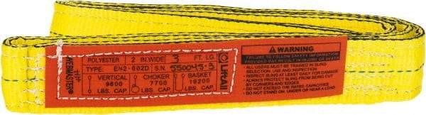 Lift-All - 3' Long x 2" Wide, 9,600 Lb Vertical Capacity, 2 Ply, Nylon Web Sling - 7,700 Lb Choker Capacity, Yellow - Exact Tool & Supply