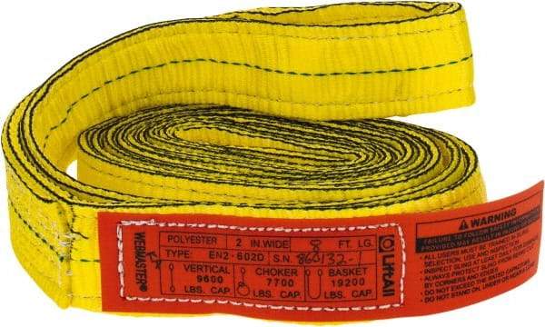 Lift-All - 8' Long x 2" Wide, 9,600 Lb Vertical Capacity, 2 Ply, Nylon Web Sling - 7,700 Lb Choker Capacity, Yellow - Exact Tool & Supply