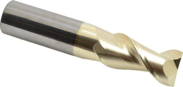 Accupro - 1", 2" LOC, 1" Shank Diam, 5" OAL, 2 Flute, Solid Carbide Square End Mill - Single End, ZrN Finish, Spiral Flute, 45° Helix, Centercutting, Right Hand Cut, Right Hand Flute - Exact Tool & Supply
