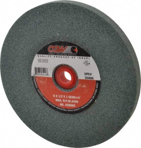 Camel Grinding Wheels - 80 Grit Silicon Carbide Bench & Pedestal Grinding Wheel - 6" Diam x 1" Hole x 1/2" Thick, 4456 Max RPM, I Hardness, Medium Grade , Vitrified Bond - Exact Tool & Supply
