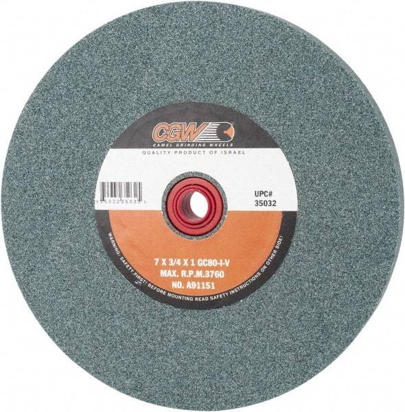 Camel Grinding Wheels - 80 Grit Silicon Carbide Bench & Pedestal Grinding Wheel - 7" Diam x 1" Hole x 3/4" Thick, 3760 Max RPM, I Hardness, Medium Grade , Vitrified Bond - Exact Tool & Supply