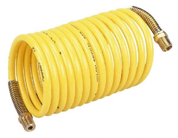 Coilhose Pneumatics - 3/8" ID, 3/8 Thread, 50' Long, Yellow Nylon Coiled & Self Storing Hose - 165 Max psi, Male Rigid x Male Swivel - Exact Tool & Supply