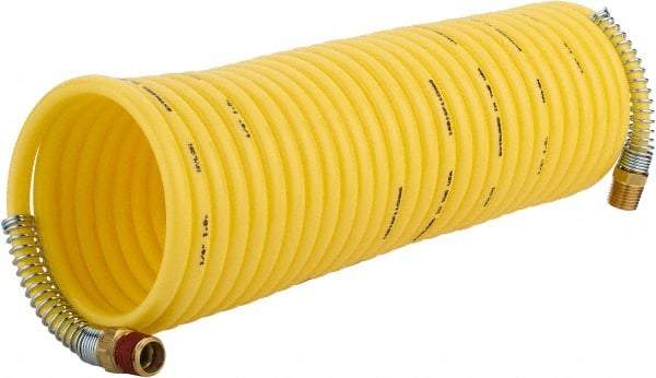 Coilhose Pneumatics - 1/4" ID, 1/4 Thread, 25' Long, Yellow Nylon Coiled & Self Storing Hose - 185 Max psi, Male Rigid x Male Swivel - Exact Tool & Supply