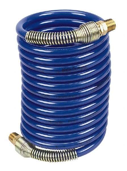 Coilhose Pneumatics - 1/4" ID, 1/4 Thread, 12' Long, Blue Nylon Coiled & Self Storing Hose - 220 Max psi, Male Swivel x Male Swivel - Exact Tool & Supply