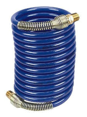 Coilhose Pneumatics - 1/4" ID, 1/4 Thread, 12' Long, Blue Nylon Coiled & Self Storing Hose - 220 Max psi, Male Swivel x Male Swivel - Exact Tool & Supply