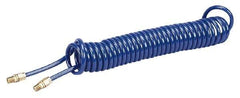 Coilhose Pneumatics - 1/4" ID, 1/4 Thread, 20' Long, Blue Polyurethane Coiled & Self Storing Hose - 125 Max psi, Male Swivel x Male Swivel - Exact Tool & Supply
