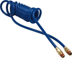 Coilhose Pneumatics - 1/4" ID, 1/4 Thread, 10' Long, Blue Polyurethane Coiled & Self Storing Hose - 125 Max psi, Male Swivel x Male Swivel - Exact Tool & Supply