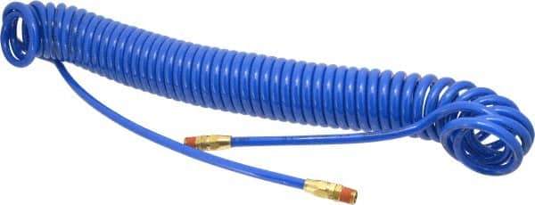 Coilhose Pneumatics - 1/4" ID, 1/4 Thread, 30' Long, Blue Polyurethane Coiled & Self Storing Hose - 125 Max psi, Male Swivel x Male Swivel - Exact Tool & Supply