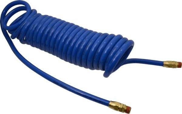 Coilhose Pneumatics - 3/8" ID, 3/8 Thread, 25' Long, Blue Polyurethane Coiled & Self Storing Hose - 115 Max psi, Male Swivel x Male Swivel - Exact Tool & Supply