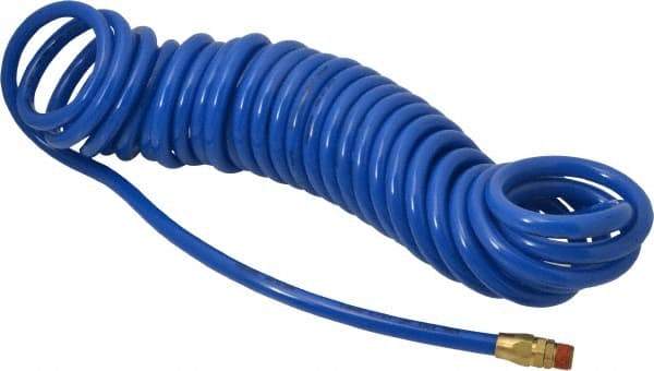 Coilhose Pneumatics - 3/8" ID, 3/8 Thread, 30' Long, Blue Polyurethane Coiled & Self Storing Hose - 115 Max psi, Male Swivel x Male Swivel - Exact Tool & Supply