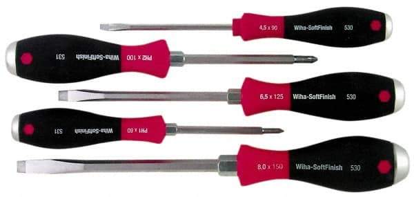 Wiha - 5 Piece Phillips & Slotted Screwdriver Set - Round Shank, Ergonomic Handle - Exact Tool & Supply