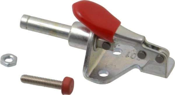 De-Sta-Co - 100 Lb Load Capacity, Flanged Base, Carbon Steel, Standard Straight Line Action Clamp - 3 Mounting Holes, 0.17" Mounting Hole Diam, 1/4" Plunger Diam, Thumb Handle - Exact Tool & Supply