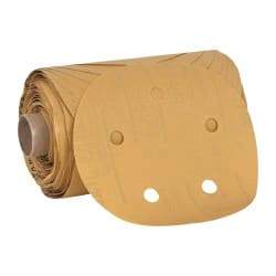 3M - 5" Diam, 320 Grit FEPA, Aluminum Oxide Adhesive PSA Disc - Extra Fine Grade, Gold, A Weighted Backing, Flexible, Use with Random Orbital Sanders - Exact Tool & Supply