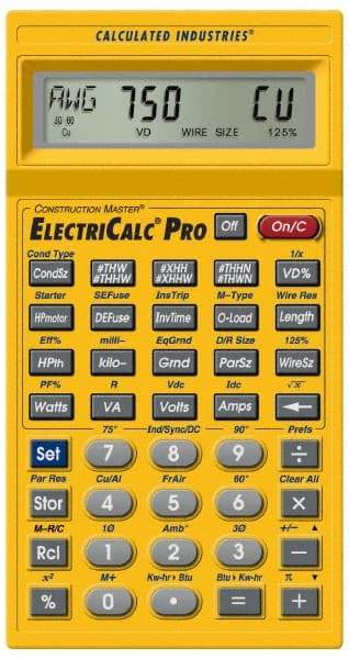Calculated Industries - 8-Digit LCD with Annunciator-Legends 30 Function Handheld Calculator - 5/8" x 2-1/2" (15.88mm x 63.5mm) Display Size, Yellow, CR-2032 Powered, 9" Long x 8-1/2" Wide x 1-1/2" High - Exact Tool & Supply