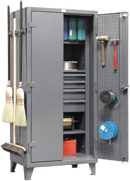 Strong Hold - 3 Shelf Pegboard Storage Cabinet - Steel, 36" Wide x 24" Deep x 78" High, Dark Gray - Exact Tool & Supply