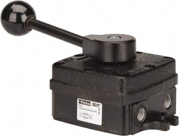 Parker - 1/4" NPT Mechanically Operated Air Valve - 4-Way, 3 Position, Hand Throttle-Manual Return, 2.5 CV Rate, 150 Max psi & 160°F Max Temp - Exact Tool & Supply