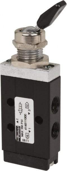 Parker - 1/8" NPT Mechanically Operated Air Valve - 3-Way, 2 Position, Toggle-Spring Return, 0.2 CV Rate, 150 Max psi & 175°F Max Temp - Exact Tool & Supply