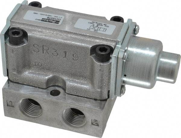 Parker - 1.5 CV Rate, 3/8" NPT Inlet HD Mechanical Oper Valve - 4 Way, 2 Position, 3/8" NPT Outlet, 150 Max psi, Air Pilot Spring Return - Exact Tool & Supply
