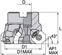 Kennametal - 3" Cut Diam, 1" Arbor Hole, 3.5mm Max Depth of Cut, 43° Indexable Chamfer & Angle Face Mill - 9 Inserts, OF.T 06L5... Insert, Right Hand Cut, 9 Flutes, Through Coolant, Series KSOM Mini - Exact Tool & Supply