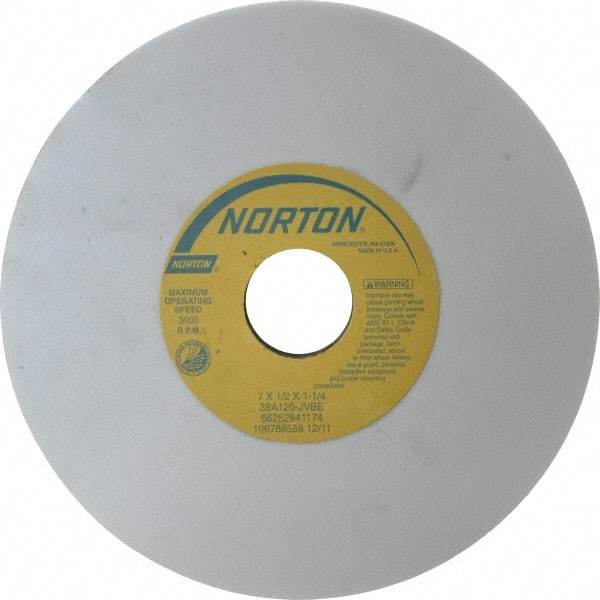 Norton - 7" Diam x 1-1/4" Hole x 1/2" Thick, J Hardness, 120 Grit Surface Grinding Wheel - Aluminum Oxide, Type 1, Fine Grade, 3,600 Max RPM, Vitrified Bond, No Recess - Exact Tool & Supply
