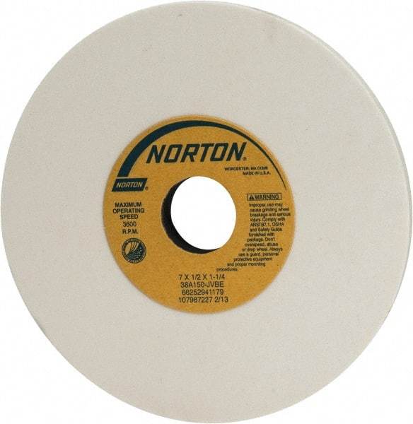 Norton - 7" Diam x 1-1/4" Hole x 1/2" Thick, J Hardness, 150 Grit Surface Grinding Wheel - Aluminum Oxide, Type 1, Very Fine Grade, 3,600 Max RPM, Vitrified Bond, No Recess - Exact Tool & Supply