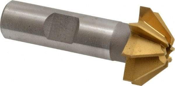 Made in USA - 1" Large x 3/8" Small Diam, 7/16" Width of Cut, 90° Included Angle, 8 Teeth, High Speed Steel Face Angle Cutter - 1/2" Shank Diam, 2-3/16" Overall Length, Weldon Flat - Exact Tool & Supply