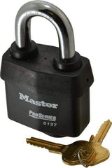 Master Lock - 1-3/8" Shackle Clearance, Keyed Different Padlock - 7/8" Shackle Width, 7/16" Shackle Diam, Laminated Steel - Exact Tool & Supply