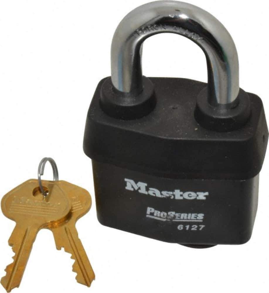 Master Lock - 1-3/8" Shackle Clearance, Keyed Alike Padlock - 7/8" Shackle Width, 7/16" Shackle Diam, Laminated Steel - Exact Tool & Supply