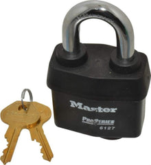 Master Lock - 1-3/8" Shackle Clearance, Keyed Alike Padlock - 7/8" Shackle Width, 7/16" Shackle Diam, Laminated Steel - Exact Tool & Supply