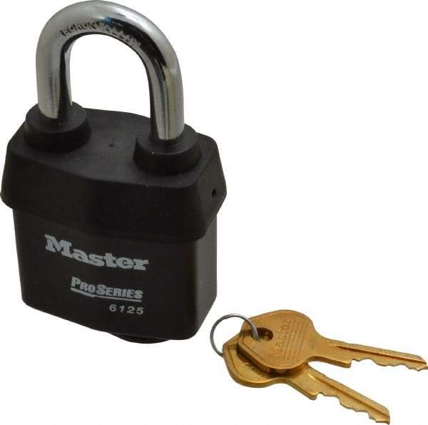 Master Lock - 1-3/8" Shackle Clearance, Keyed Different Padlock - 7/8" Shackle Width, 3/8" Shackle Diam, Laminated Steel - Exact Tool & Supply
