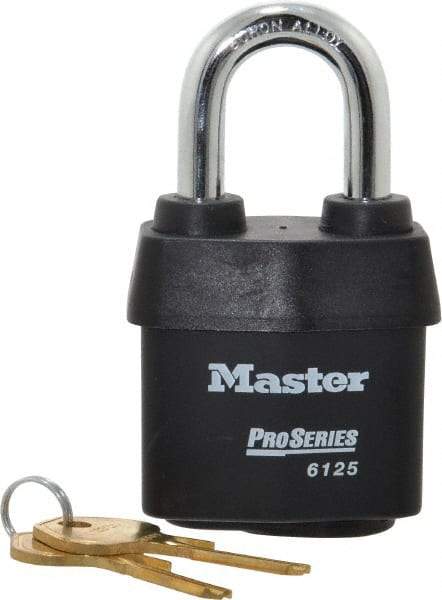 Master Lock - 1-3/8" Shackle Clearance, Keyed Alike Padlock - 7/8" Shackle Width, 3/8" Shackle Diam, Laminated Steel - Exact Tool & Supply