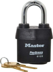 Master Lock - 1-3/8" Shackle Clearance, Keyed Alike Padlock - 7/8" Shackle Width, 3/8" Shackle Diam, Laminated Steel - Exact Tool & Supply