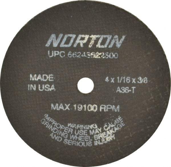 Norton - 4" 36 Grit Aluminum Oxide Cutoff Wheel - 1/16" Thick, 3/8" Arbor, 19,100 Max RPM, Use with Die Grinders - Exact Tool & Supply