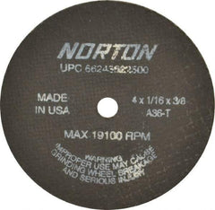 Norton - 4" 36 Grit Aluminum Oxide Cutoff Wheel - 1/16" Thick, 3/8" Arbor, 19,100 Max RPM, Use with Die Grinders - Exact Tool & Supply