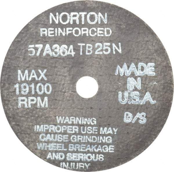 Norton - 4" 36 Grit Aluminum Oxide Cutoff Wheel - 1/16" Thick, 1/2" Arbor, 19,100 Max RPM, Use with Die Grinders - Exact Tool & Supply