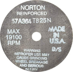 Norton - 4" 36 Grit Aluminum Oxide Cutoff Wheel - 1/16" Thick, 1/2" Arbor, 19,100 Max RPM, Use with Die Grinders - Exact Tool & Supply