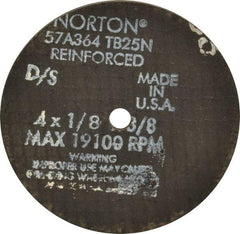 Norton - 4" 36 Grit Aluminum Oxide Cutoff Wheel - 1/8" Thick, 3/8" Arbor, 19,100 Max RPM, Use with Die Grinders - Exact Tool & Supply