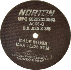 Norton - 5" 60 Grit Aluminum Oxide Cutoff Wheel - 0.035" Thick, 3/8" Arbor, 12,225 Max RPM, Use with Die Grinders - Exact Tool & Supply