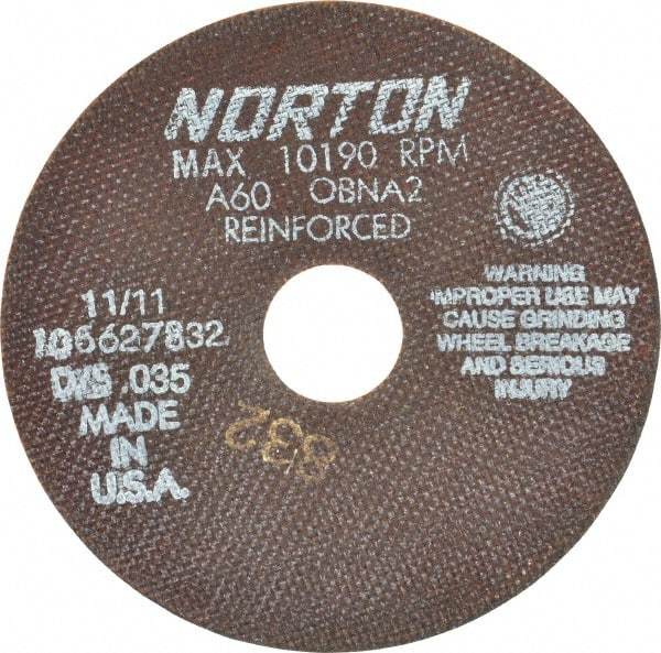 Norton - 6" 60 Grit Aluminum Oxide Cutoff Wheel - 0.035" Thick, 1-1/4" Arbor, 10,190 Max RPM, Use with Angle Grinders - Exact Tool & Supply