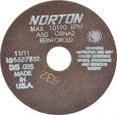Norton - 6" 60 Grit Aluminum Oxide Cutoff Wheel - 0.035" Thick, 1-1/4" Arbor, 10,190 Max RPM, Use with Angle Grinders - Exact Tool & Supply