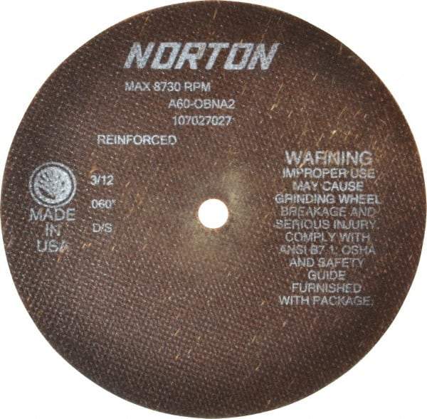 Norton - 7" 60 Grit Aluminum Oxide Cutoff Wheel - 0.06" Thick, 1/2" Arbor, 8,730 Max RPM, Use with Stationary Grinders - Exact Tool & Supply