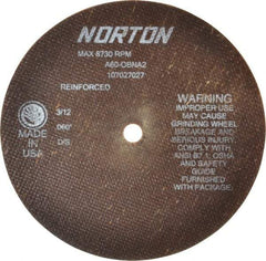 Norton - 7" 60 Grit Aluminum Oxide Cutoff Wheel - 0.06" Thick, 1/2" Arbor, 8,730 Max RPM, Use with Stationary Grinders - Exact Tool & Supply