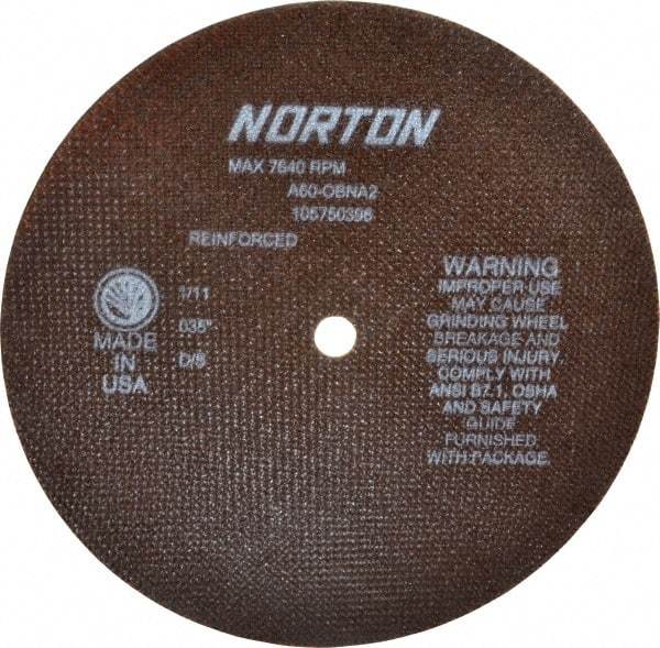 Norton - 8" 60 Grit Aluminum Oxide Cutoff Wheel - 0.035" Thick, 1/2" Arbor, 7,640 Max RPM, Use with Stationary Grinders - Exact Tool & Supply