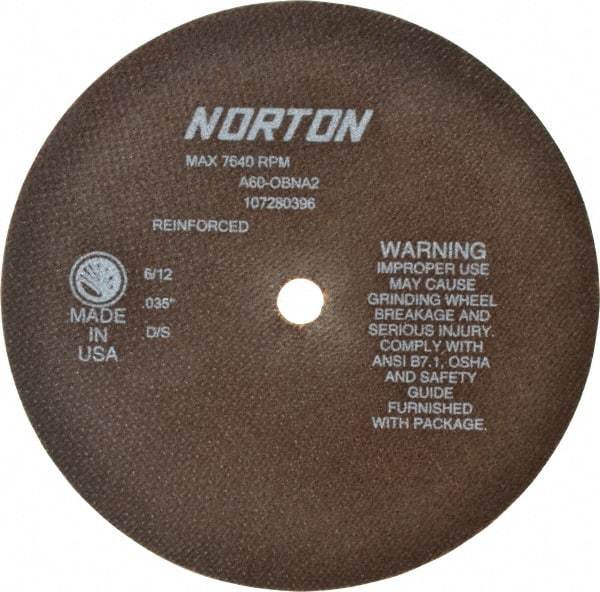 Norton - 8" 60 Grit Aluminum Oxide Cutoff Wheel - 0.035" Thick, 5/8" Arbor, 7,640 Max RPM, Use with Circular Saws - Exact Tool & Supply