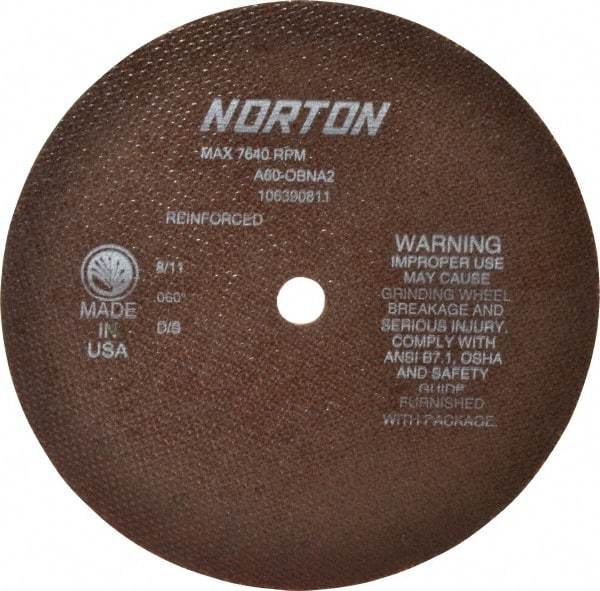Norton - 8" 60 Grit Aluminum Oxide Cutoff Wheel - 0.06" Thick, 5/8" Arbor, 7,640 Max RPM, Use with Circular Saws - Exact Tool & Supply