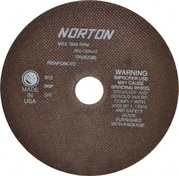 Norton - 8" 60 Grit Aluminum Oxide Cutoff Wheel - 0.06" Thick, 1-1/4" Arbor, 7,640 Max RPM, Use with Stationary Grinders - Exact Tool & Supply