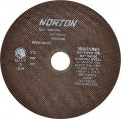 Norton - 8" 60 Grit Aluminum Oxide Cutoff Wheel - 0.06" Thick, 1-1/4" Arbor, 7,640 Max RPM, Use with Stationary Grinders - Exact Tool & Supply